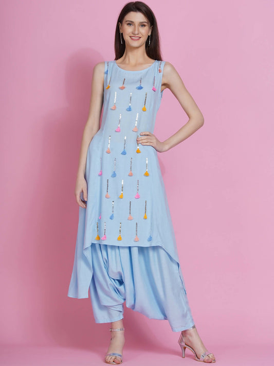 Women Republic Powder Blue Hand Embellished Kurta With Harem Pants - Grab2buy