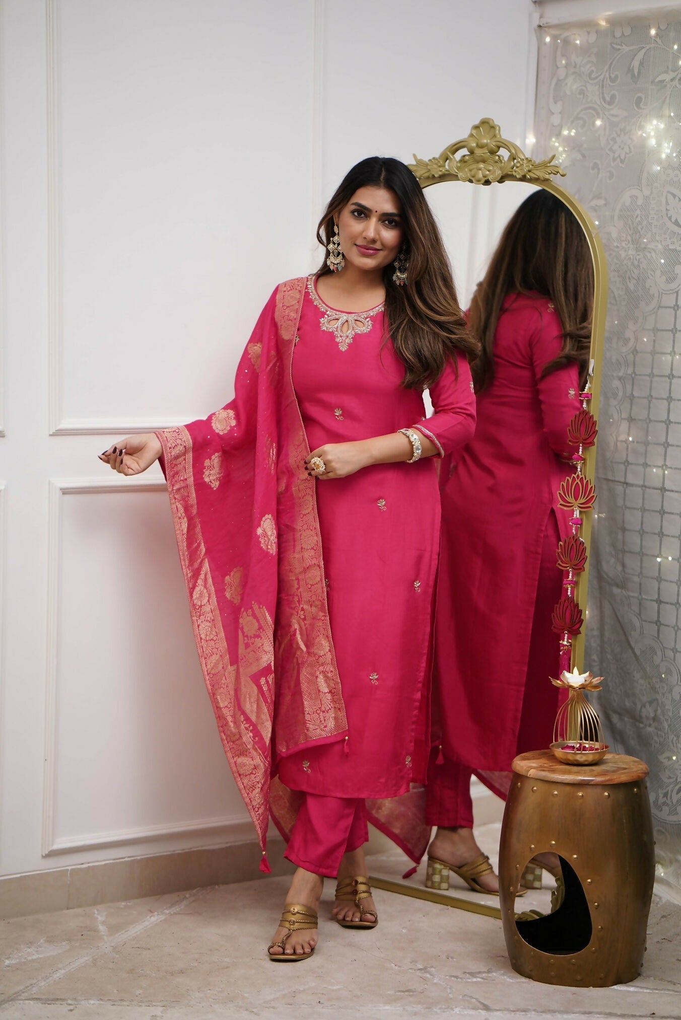 The52 Gajri Women's Gorgeous Embroidered Viscose Chanderi Fabric Straight Kurta Pant with Dupatta Set | Grab2Buy