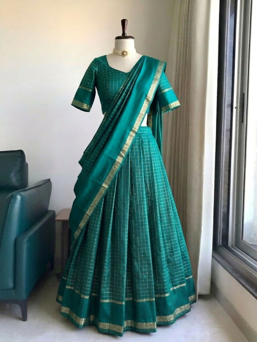 Teeya Creation New South Indian Silk Checked Half Saree Lehenga Choli with Zari Border-Teal-Green