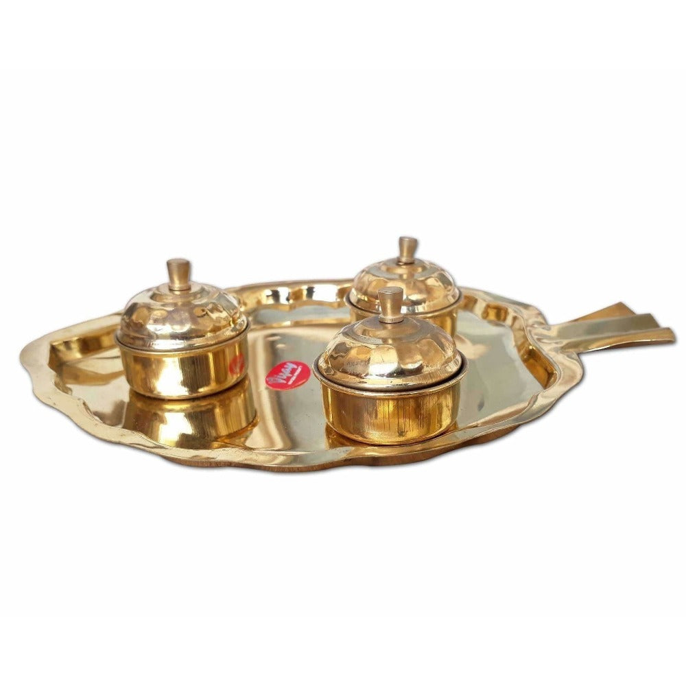 Leaf Shape Brass Tray with Haldi Boxes 
