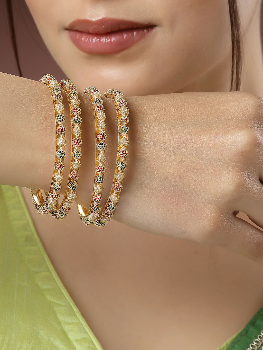 NVR Women's Set of 4 Gold-Polished Beads Handcrafted Traditional Bangles 
