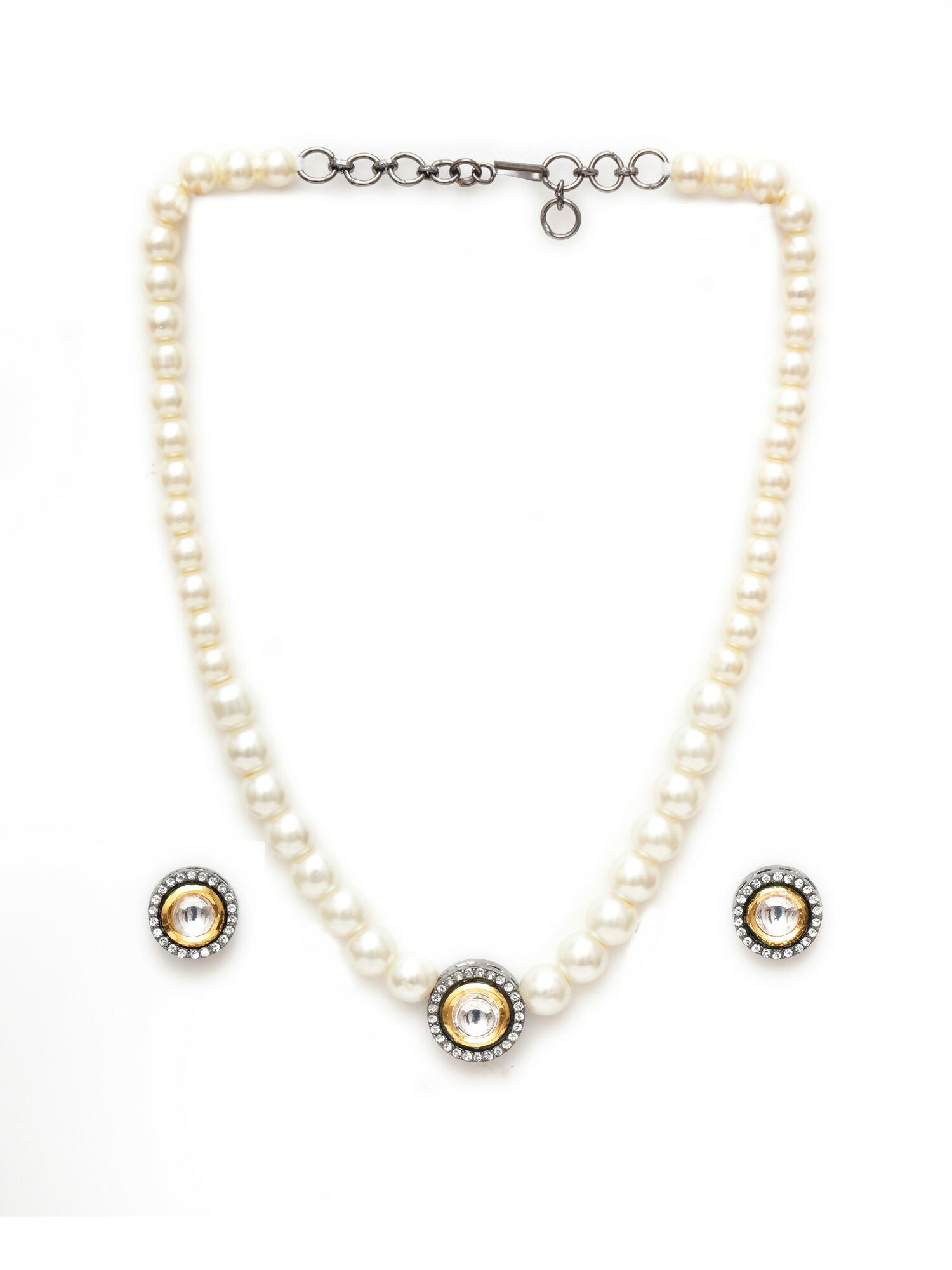 Kundan and Pearl Choker with Studs Jewellery Set (white) - Ruby Raang - Grab2buy