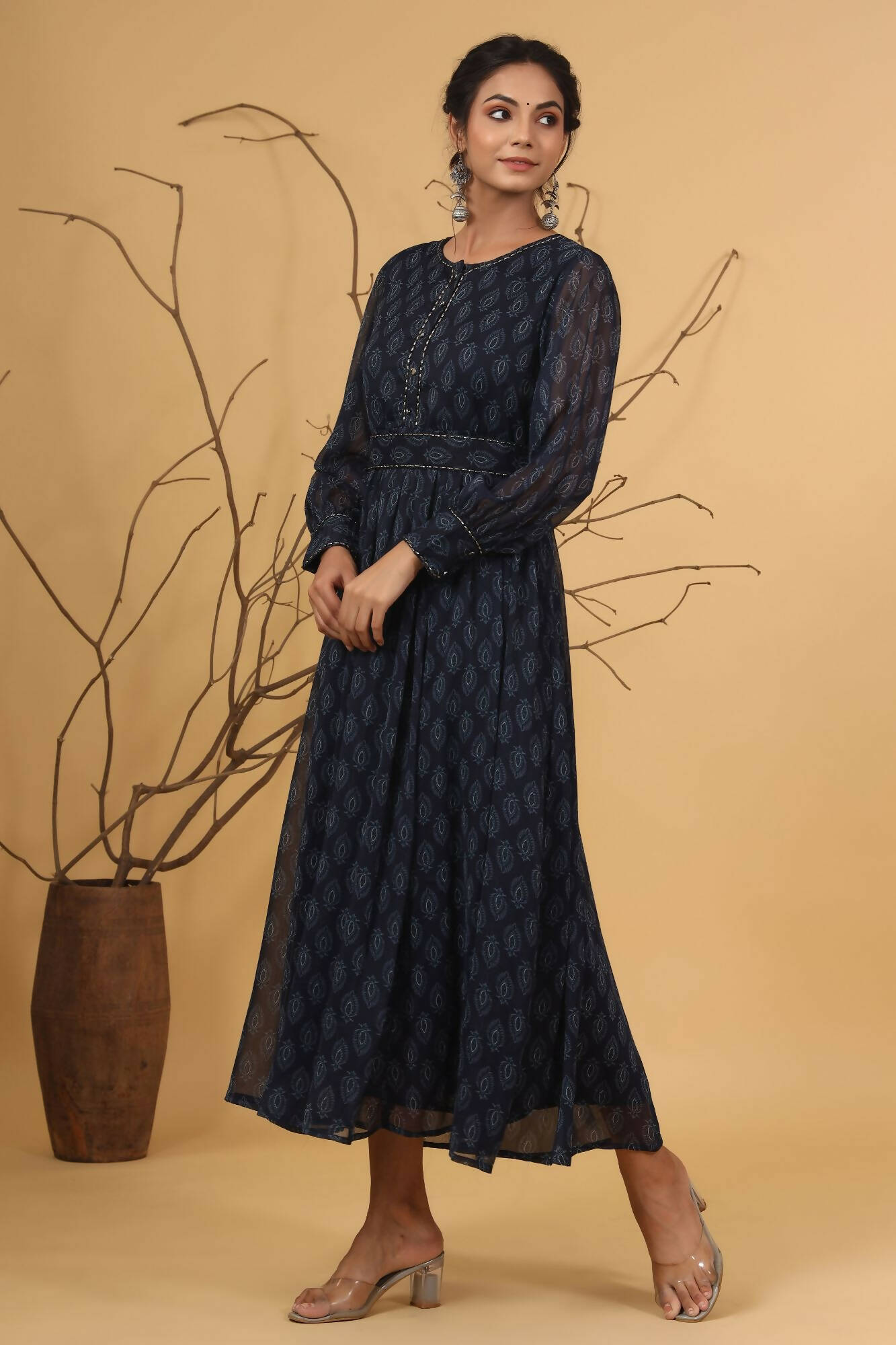 Juniper Women Navy Chiffon Printed Flared Dress