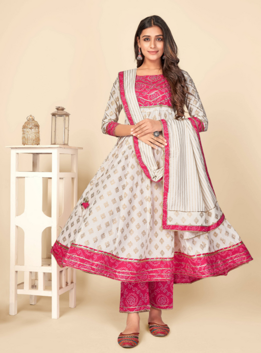 NOZ2TOZ Women's Pink & White Anarkali Kurta & Pant With Dupatta Set (3pcs Set)