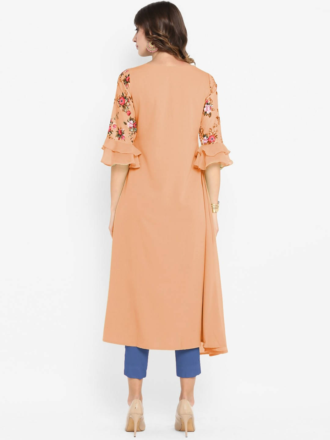 Janasya Women Peach-Coloured & Green Floral Printed Bell Sleeves Kurta