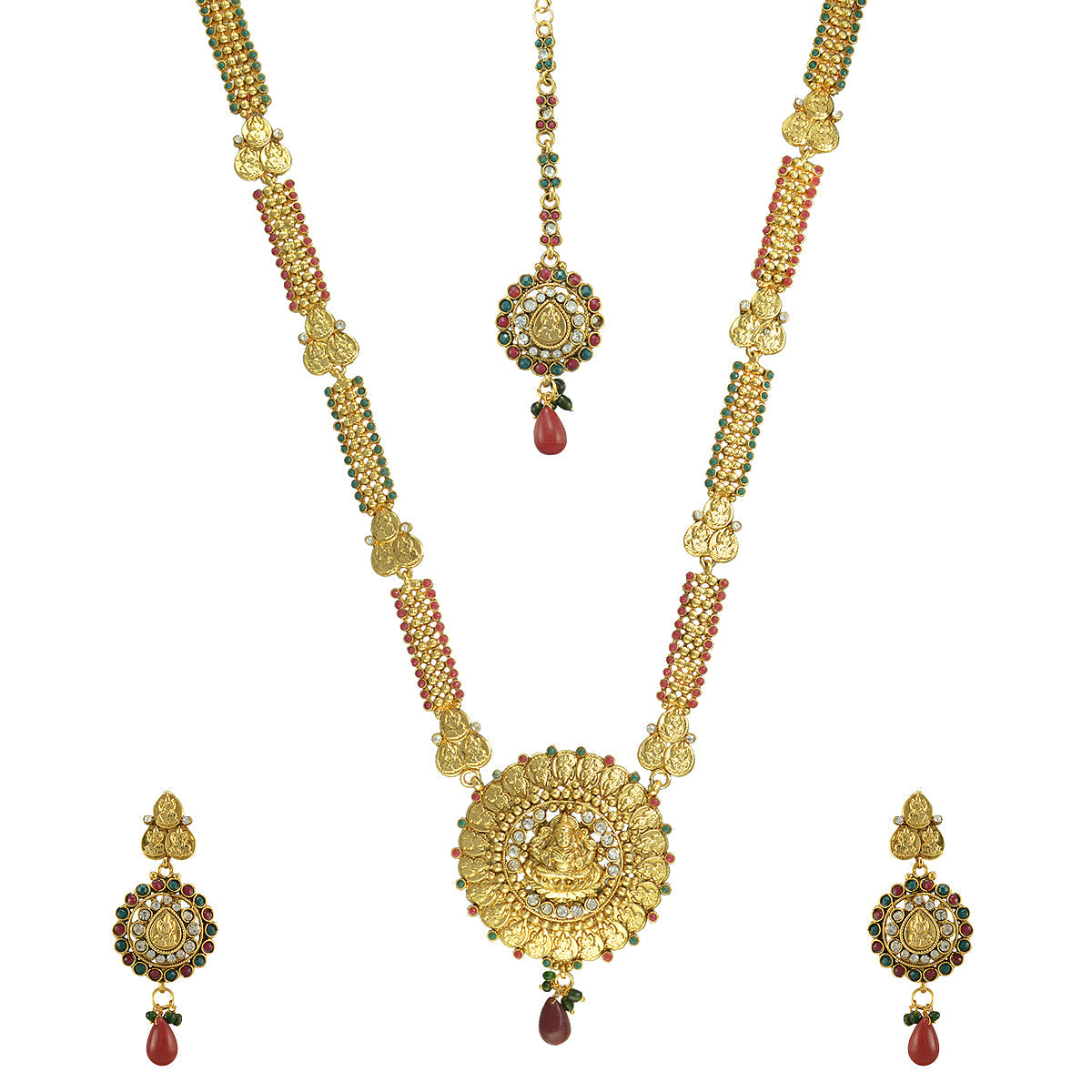 Gold-Plated Alloy Long Laxmi Pendant Necklace Set - The Pari - Grab2buy