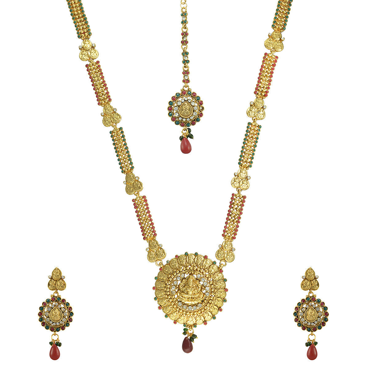 Gold-Polished Alloy Long Laxmi Pendant Necklace Set - The Pari - The Pari - Dinesh Associates