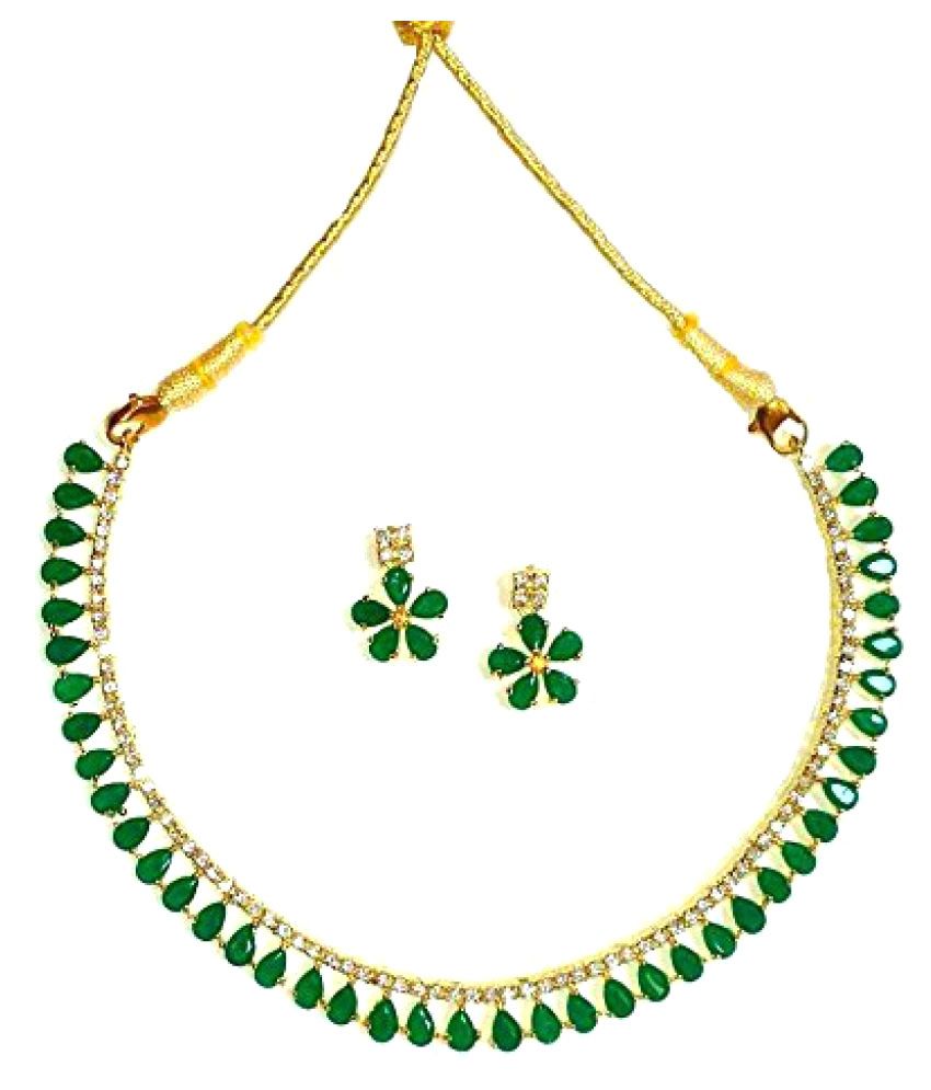 Gold-Plated Alloy American Diamond Green Necklace Set - The Pari - Grab2buy