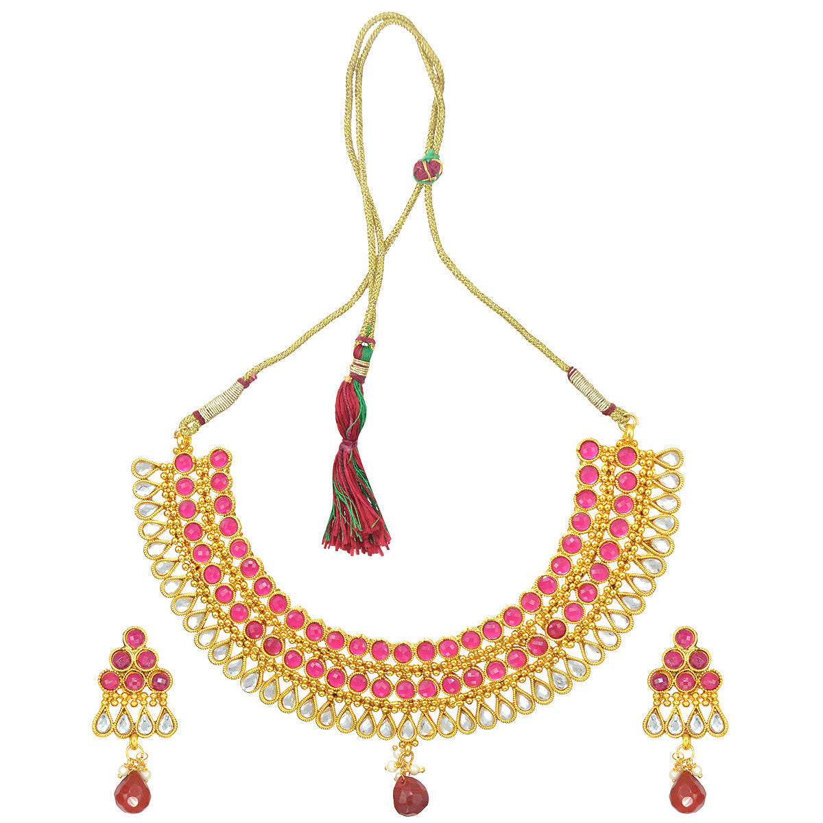 Gold-Polished Alloy Ruby Colour Stone Studded Choker Necklace Set - The Pari | Swadesiicart