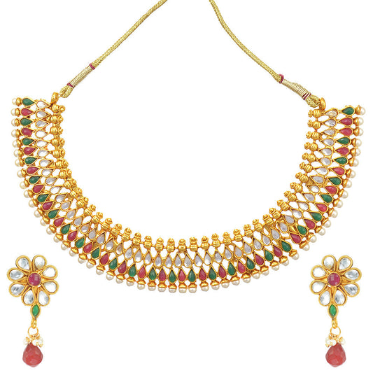 Gold-Polished Alloy Multi Stone Studded Choker Necklace Set - The Pari | Swadesiicart