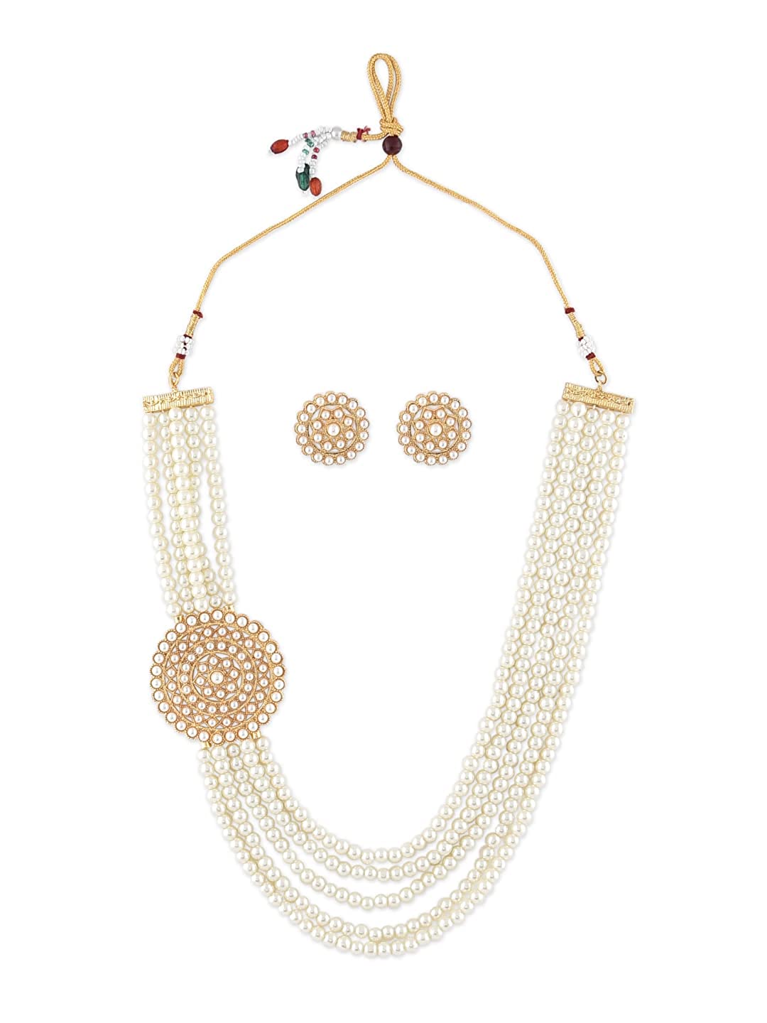 Gold-Plated Alloy Round Brooch Pearl Long Haar Necklace Set - The Pari - Grab2buy