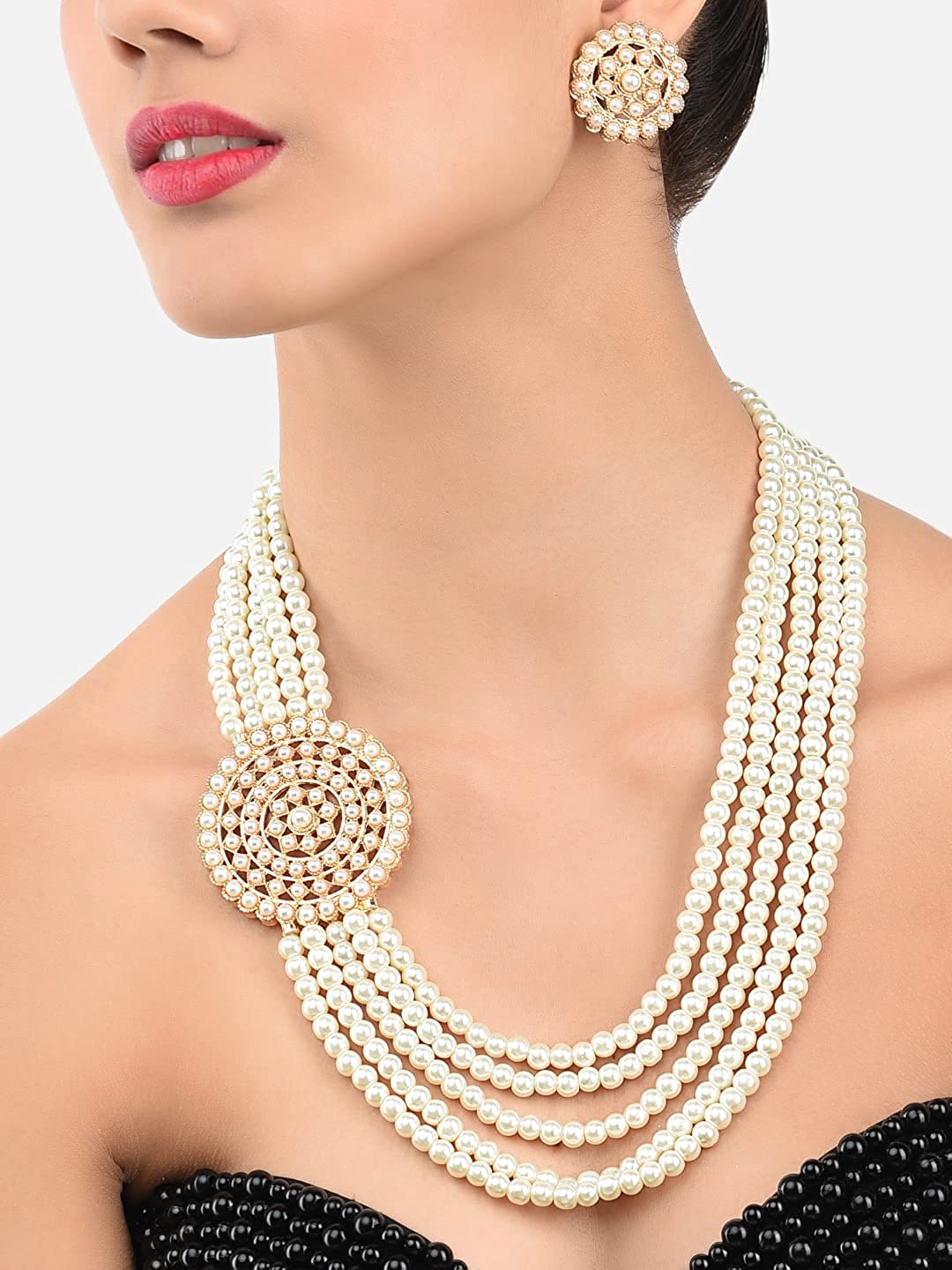 Gold-Plated Alloy Round Brooch Pearl Long Haar Necklace Set - The Pari - Grab2buy