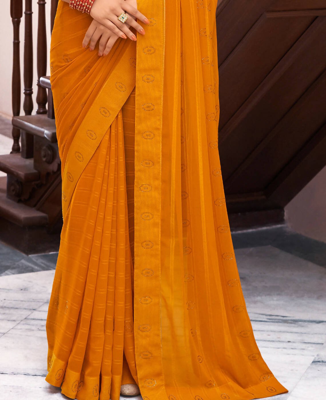 Mustard Georgette Swaroski Work Saree With Unstitched Blouse Piece - Juhi