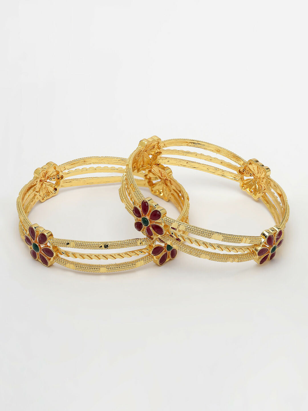 NVR Women's Set of 2 Gold-Polished Artificial Stones Handcrafted Traditional Bangles 