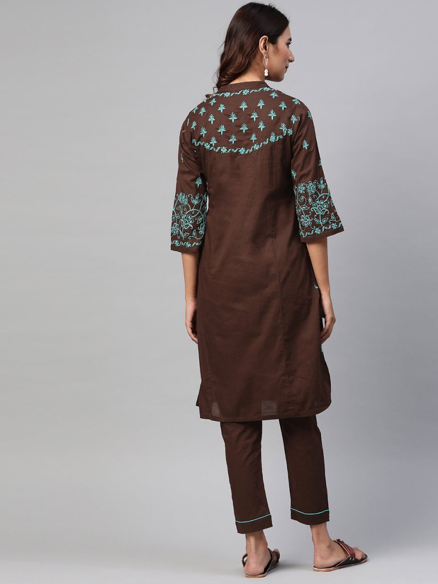 ADA Women Brown & Green Chikankari Embroidered Handloom Kurta with Trousers 