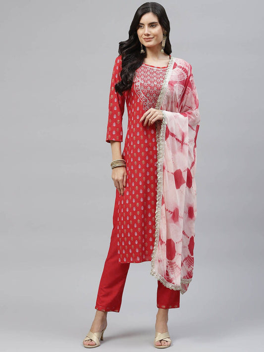 HERE&NOW Women Red Embroidered Straight Kurta with Trousers & With Dupatta