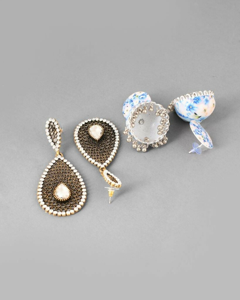VOJ Set Of 2 Earrings- Blue Printed Jhumka With Black AD Studded Drop Earrings - Grab2buy