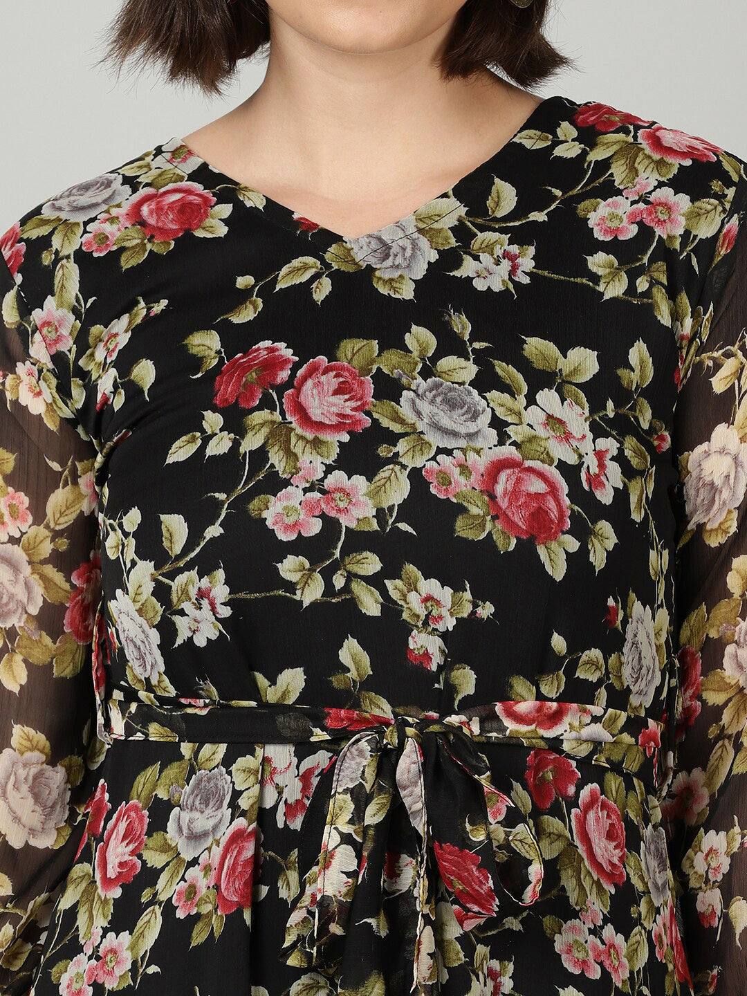 Souchii Black & Pink Floral Chiffon Midi Dress 