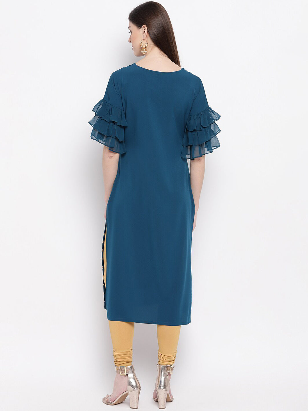 Janasya Women Teal Blue Geometric Printed Keyhole Neck Flared Sleeves Crepe Kurta