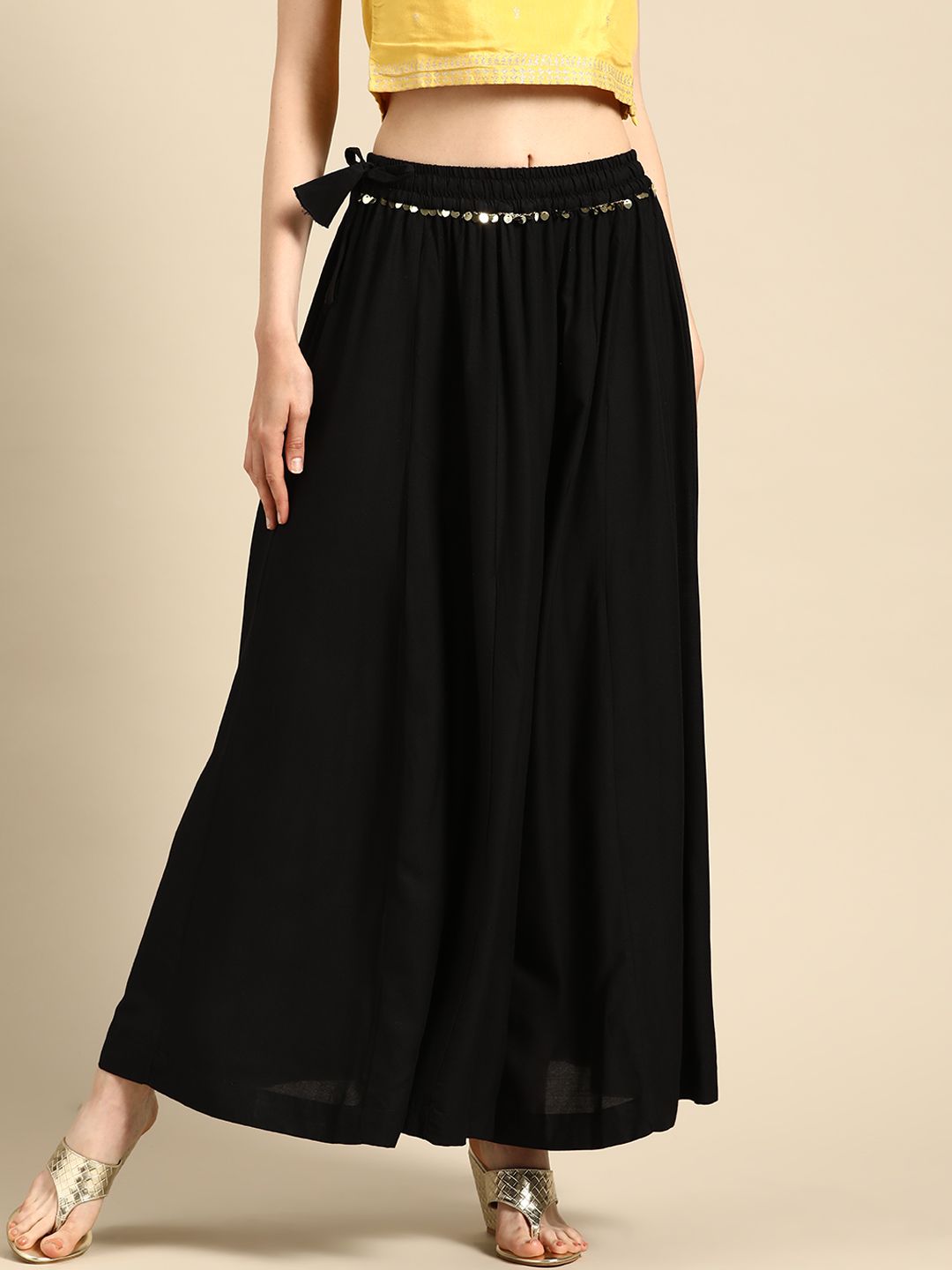TAG 7 Women Black Solid Flared Palazzos