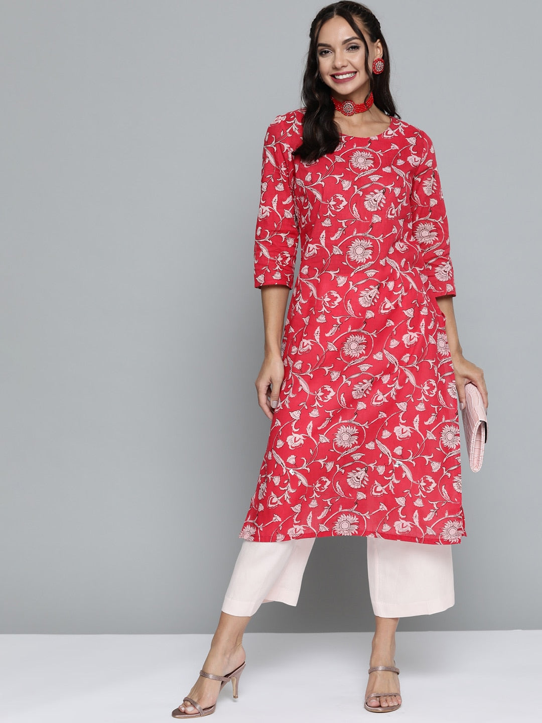 HERE&NOW Women Pink & Off White Pure Cotton Ethnic Motifs Printed Straight Kurta