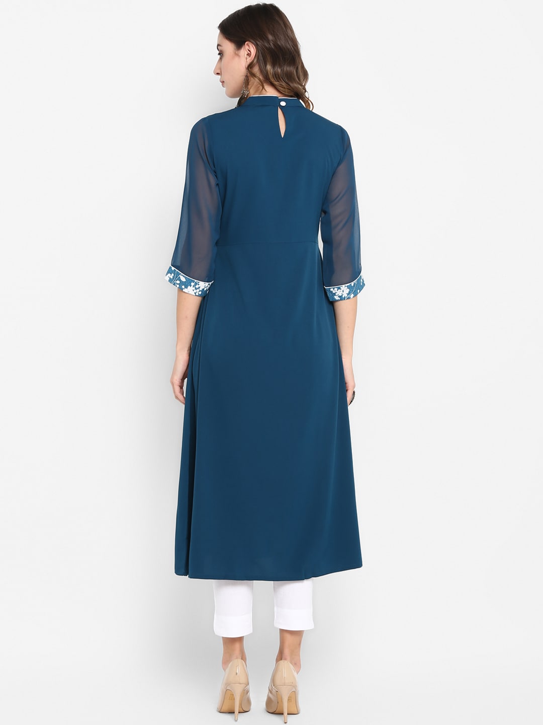 Janasya Women Turquoise Blue Yoke Design Anarkali Kurta