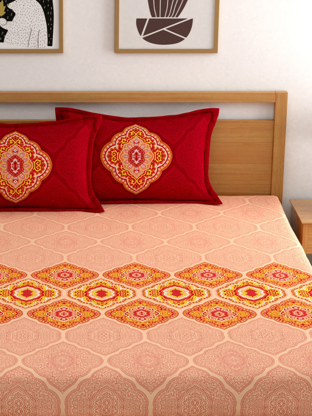Dreamscape Pink Ethnic Motifs 144 TC Cotton Bedsheet with Pillow Covers 