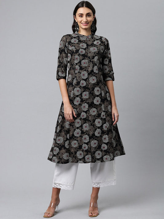 HERE&NOW Mandarin Collar Floral Printed Cotton Kurta