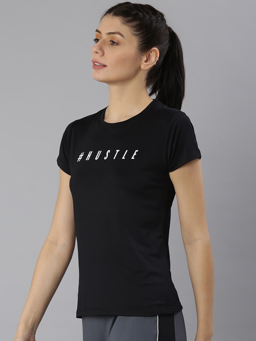 MKH Women Black Typography Printed Dri-FIT Sports T-shirt 