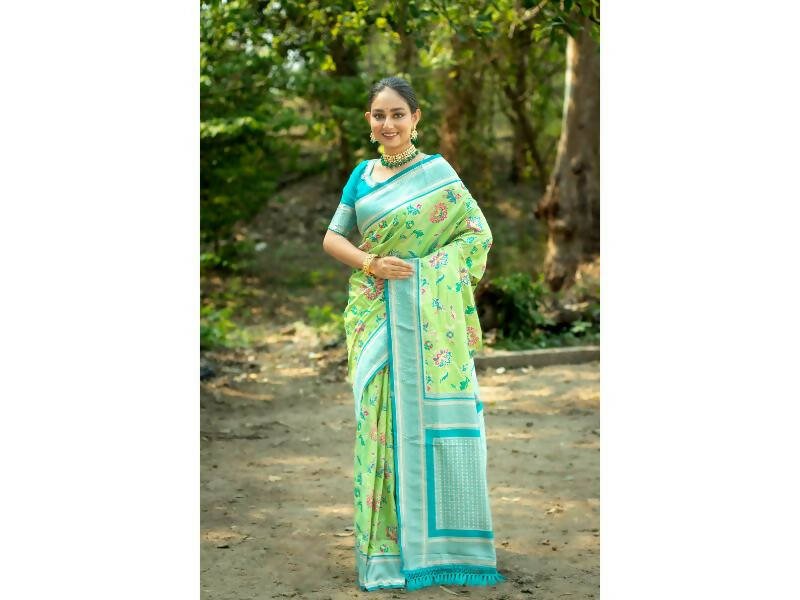 Aastha Fashion Women's Green Banarasi Silk Meenakari Zari Woven Saree with Blouse - Grab2buy