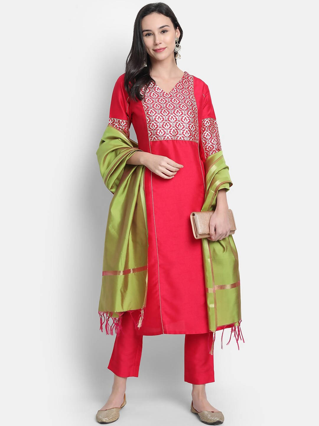 Janasya Women Pink Kurti with Trousers & Dupatta