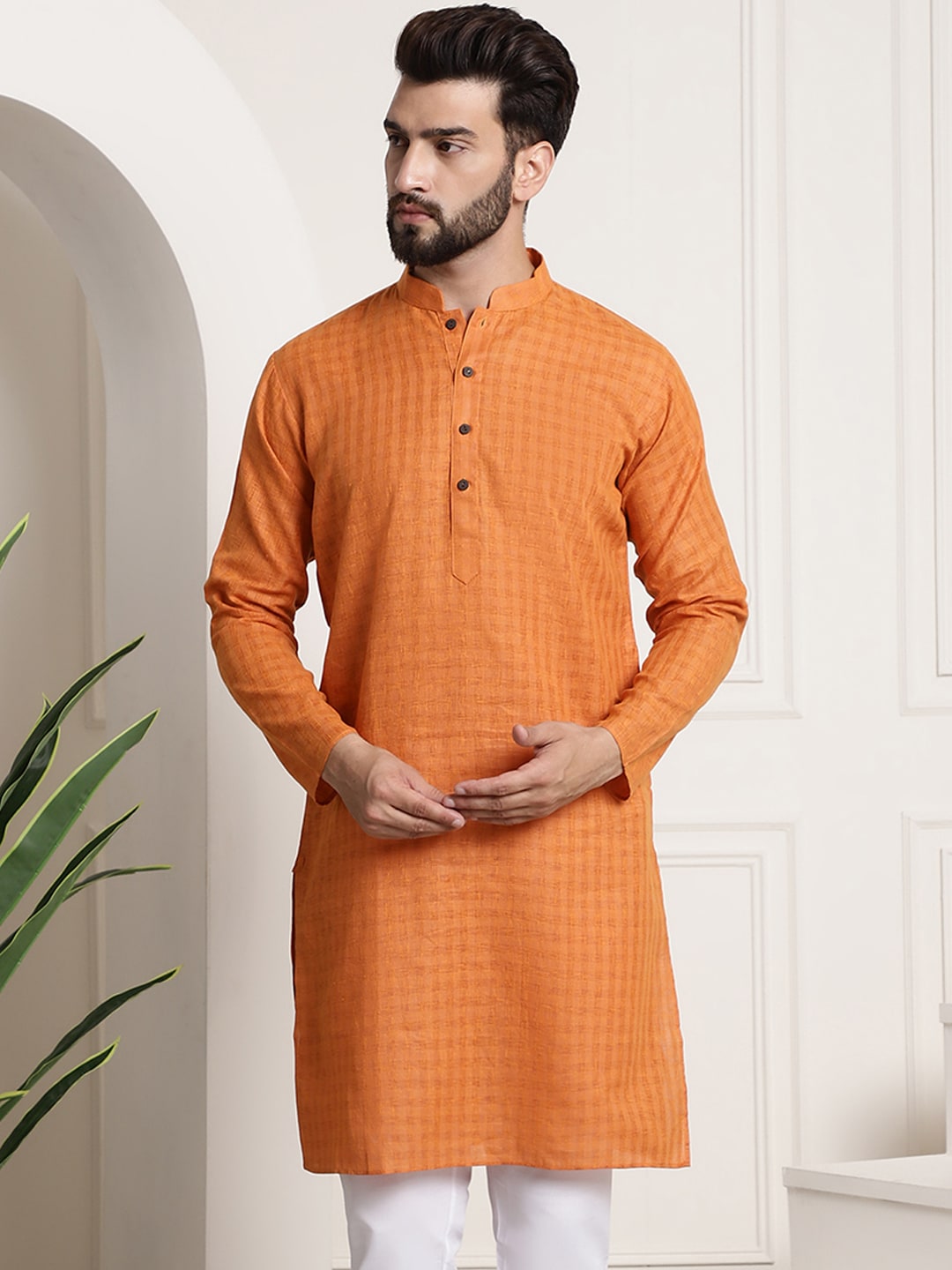 Sojanya Men Orange Dobby Self-Checked Straight Kurta 