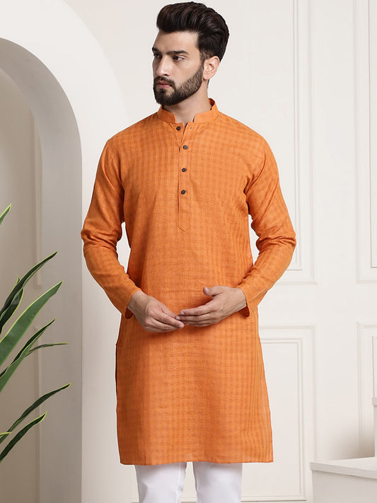 Sojanya Men Orange Dobby Self-Checked Straight Kurta 