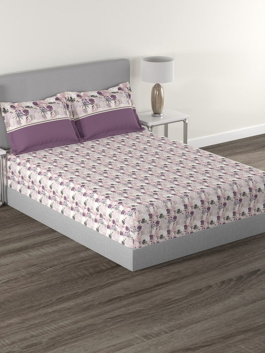 MYTRIDENT Mauve White Floral Cotton 144 TC Queen Bedsheet With 2 Pillow Covers 