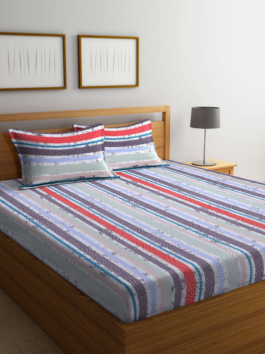 BOMBAY DYEING Red & Blue Striped Cotton 120 TC King Bedsheet with 2 Pillow Covers | Grab2Buy