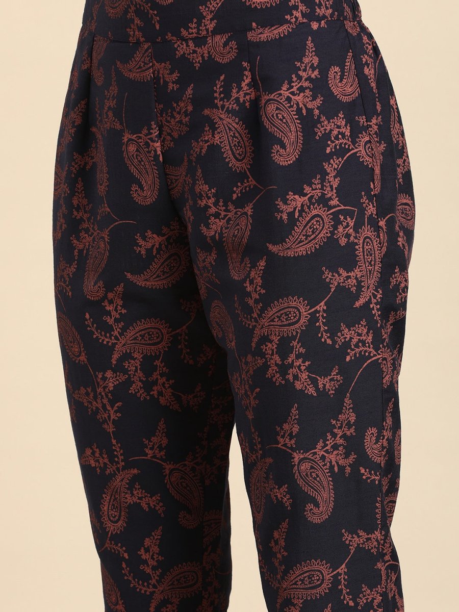 All About You Women Navy Blue Ethnic Motifs Printed Regular Kurta with Printed Trousers