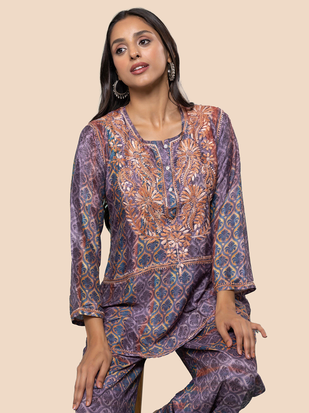 HOUSE OF KARI Floral Embroidered Regular Chikankari Straight Kurta with Palazzos 