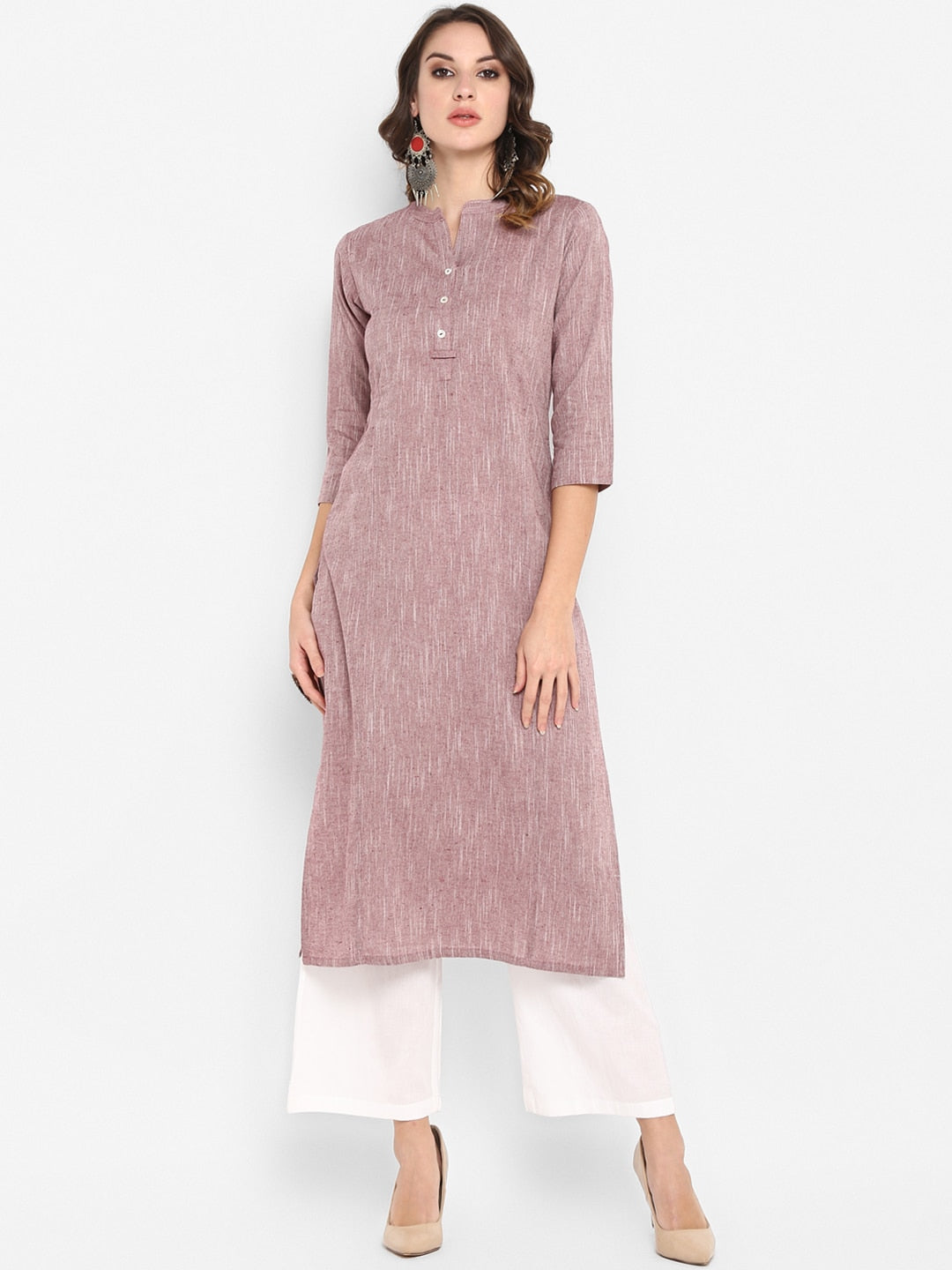 Janasya Women Mauve Solid Straight Kurta