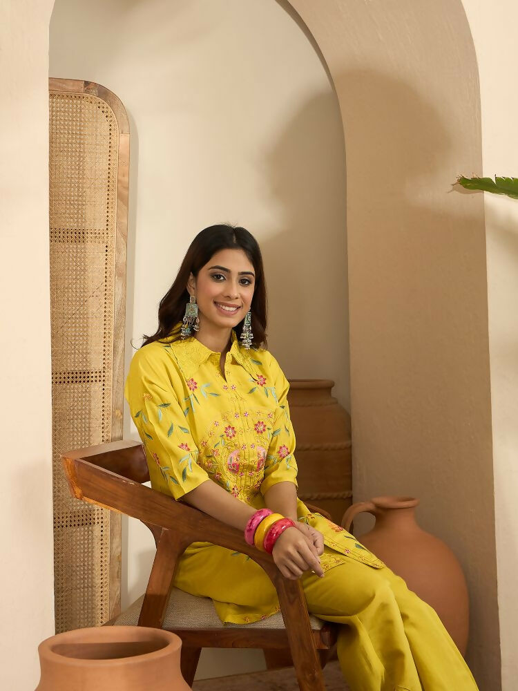 Joban Fashion Women Yellow Roman Silk Embroidered Stitched Kurta Set