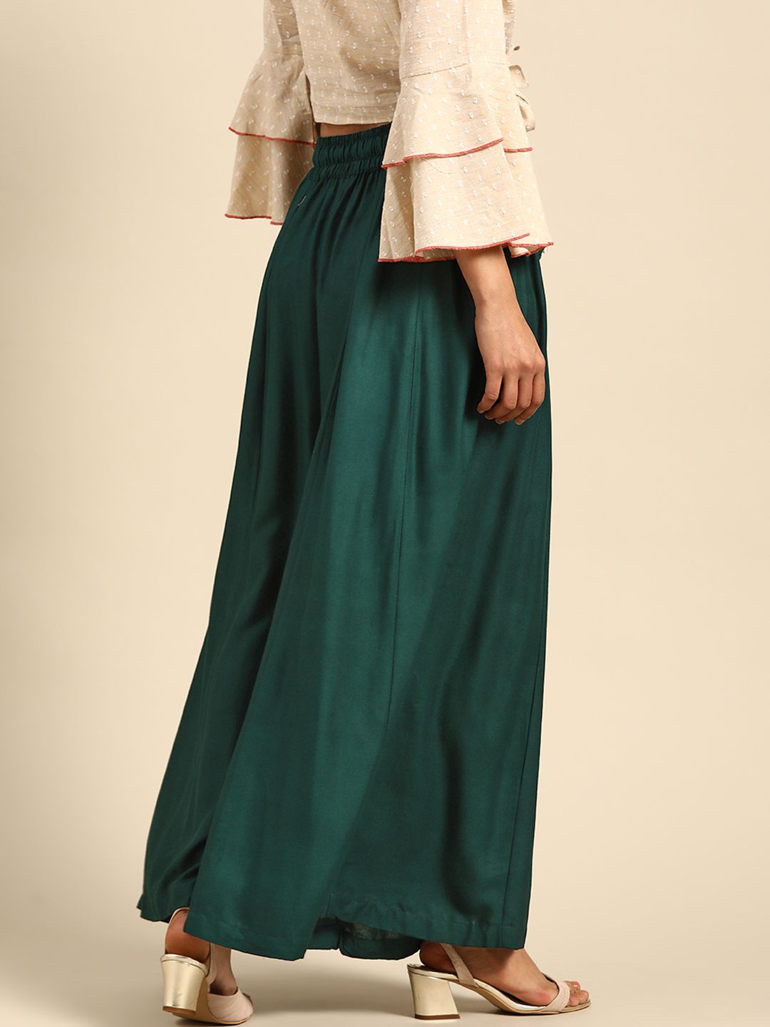 TAG 7 Women Green Solid Flared Palazzos