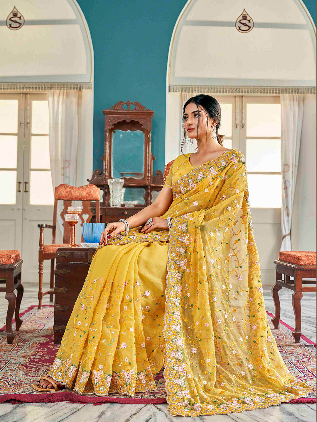 Tikhi Imli Yellow Ethnic Motifs Beads and Stones Embroidered Grab2Buy 
