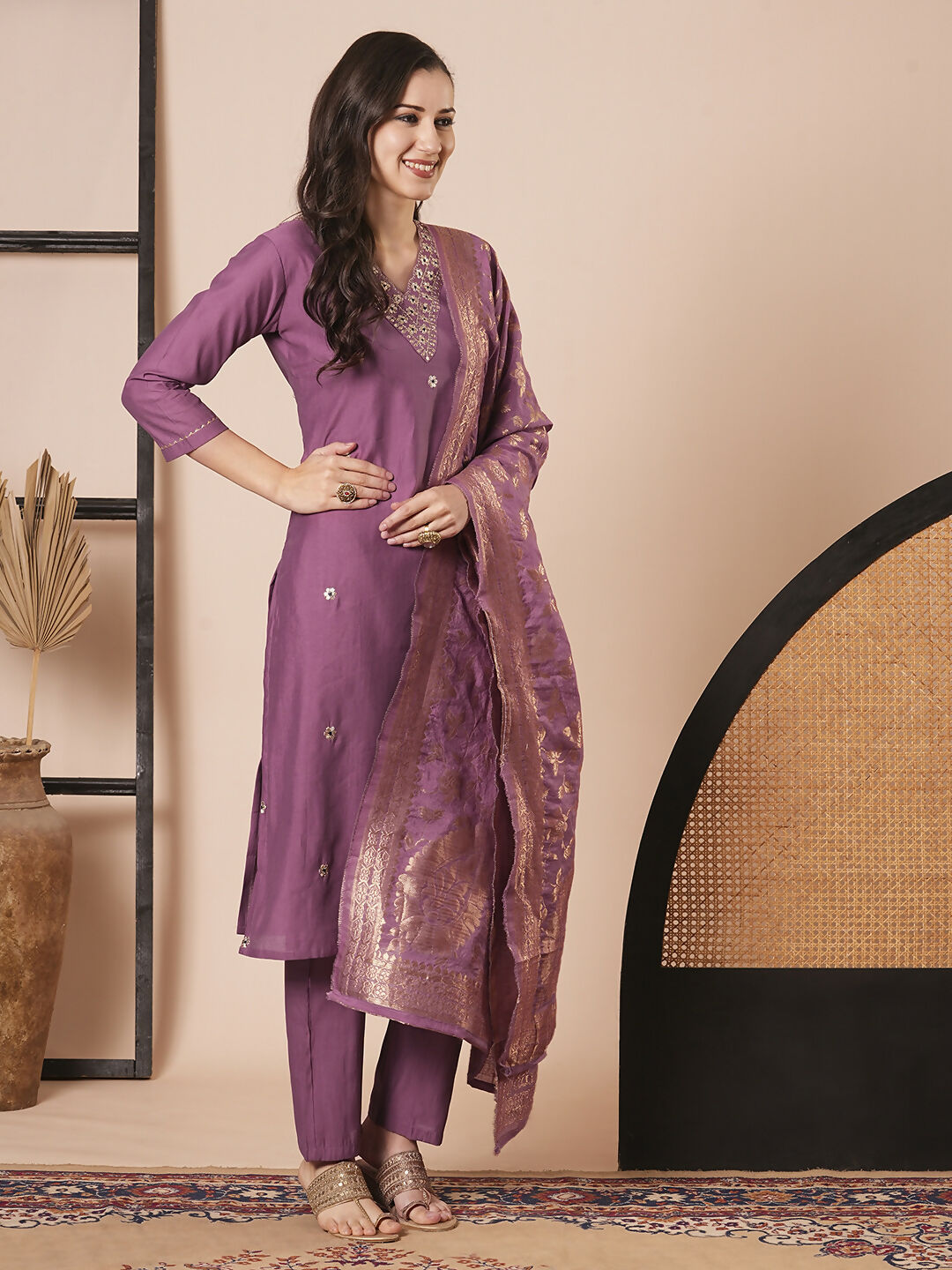 Mouve PV Chanderi Embroidery Work Kurta Set - Riya