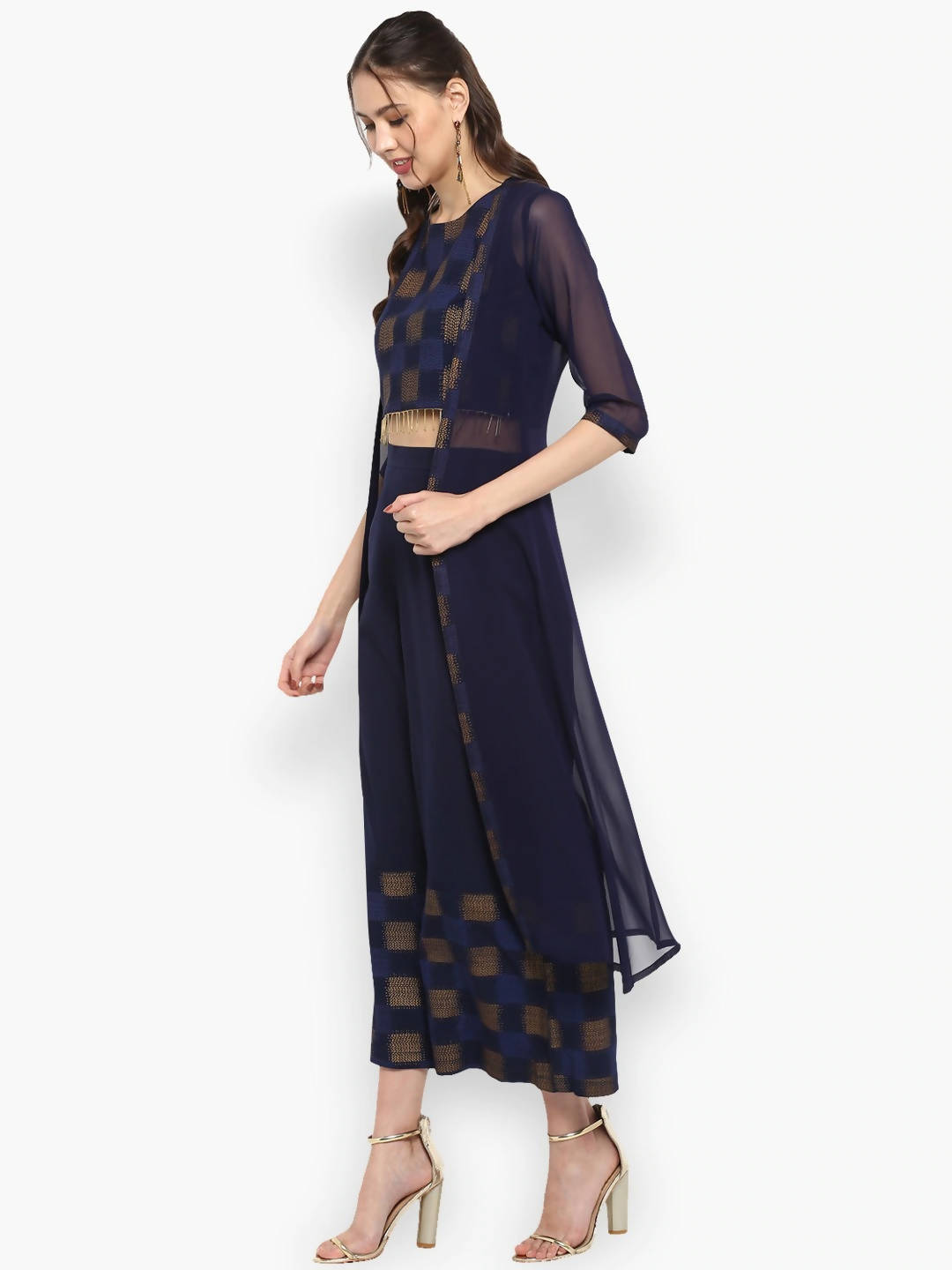 Janasya Women Navy Blue Printed Top with Palazzos