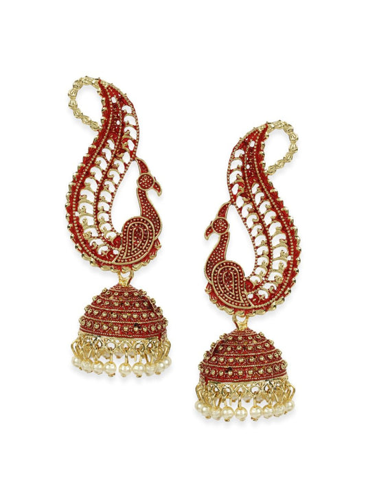 Anikas Creation Red & Gold-Plated Peacock Shaped Jhumkas - Grab2buy