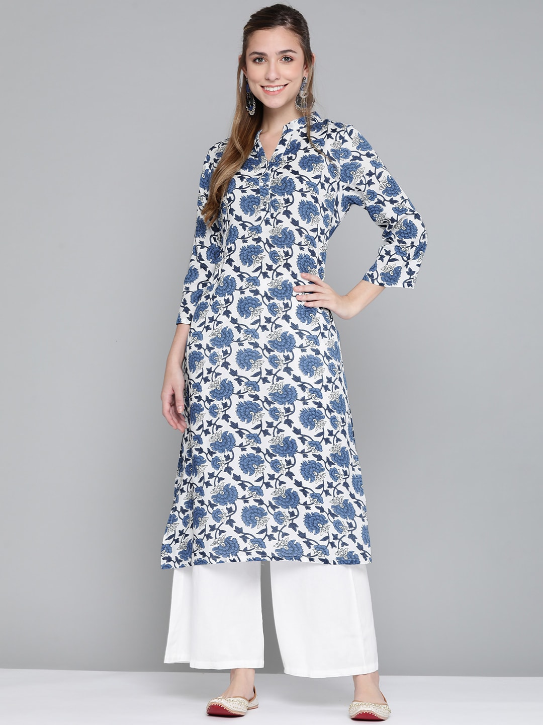 HERE&NOW Women White & Navy Blue Ethnic Motifs Printed Kurta