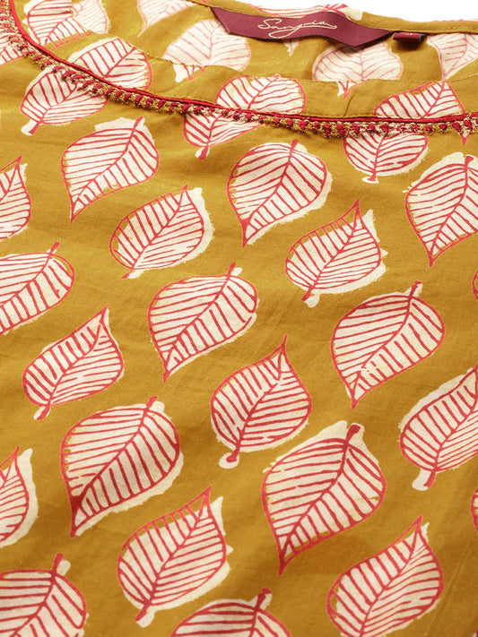 Sangria Women Mustard Yellow & Off-White Printed Kurta with Trousers - Grab2buy