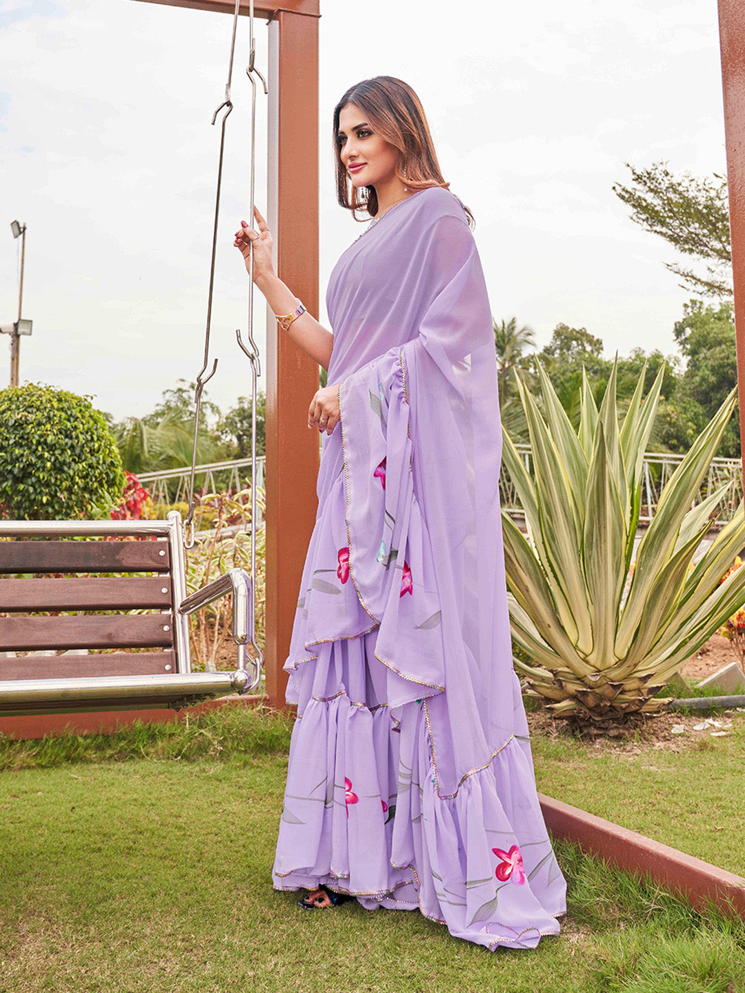 Tikhi Imli Printed Ruffle Grab2Buy With Mirror Embroidered Work Blouse 