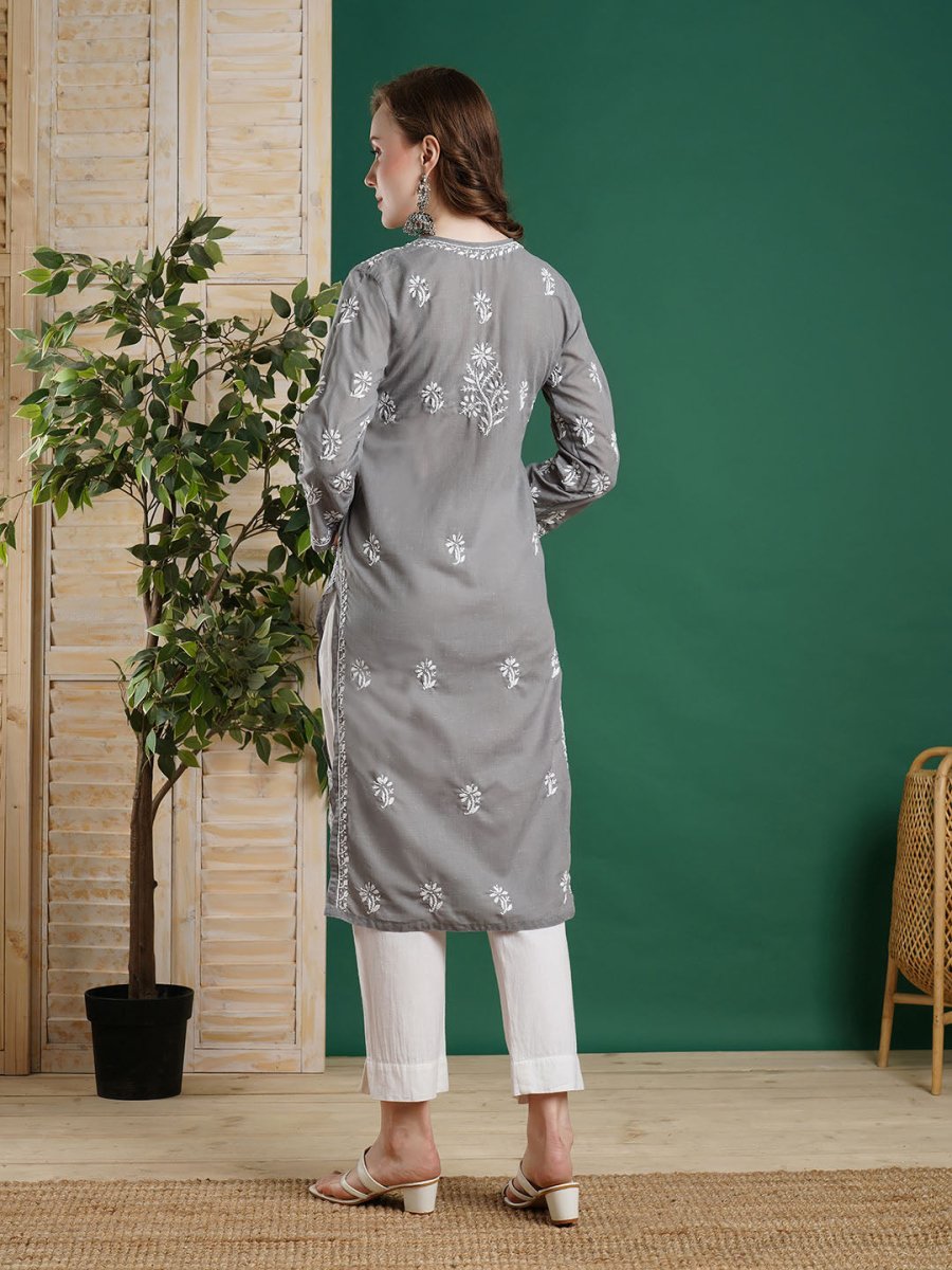 ADA Women Grey & White Chikankari Embroidered Straight Kurta 