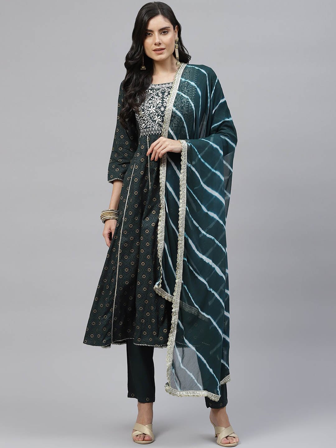 HERE&NOW Women Green Floral Embroidered Empire Kurta with Trousers & With Dupatta