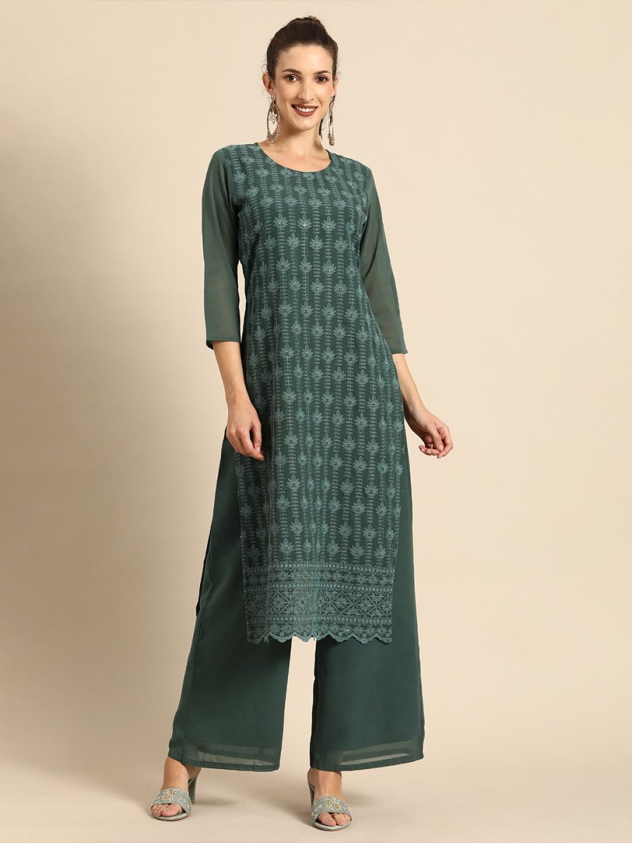All About You Women Green Ethnic Motifs Embroidered Regular Chikankari Kurta with Palazzos 